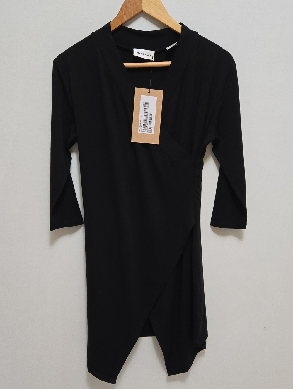 Marcella NYC Morgan Tunic Top Black L Elbow Length Sleeve Faux Wrap Asymmetric